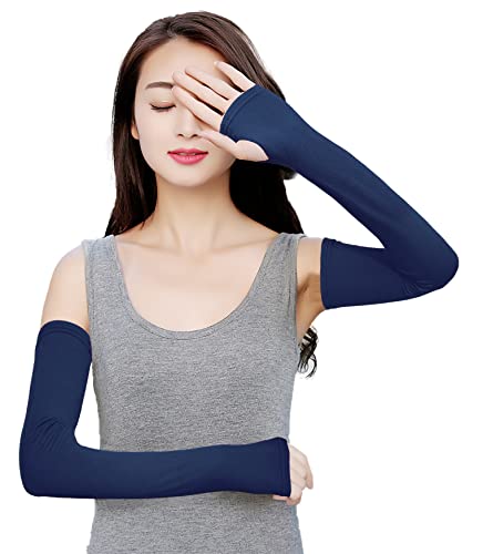 Bellady Women Outdoor Sun Block Soft Long Arm Sleeves Fingerless Gloves,Navy