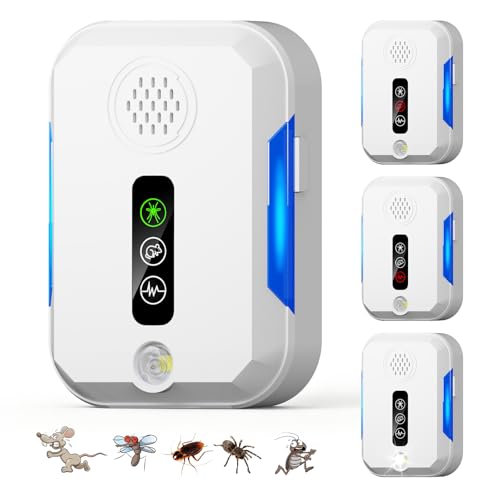 Ultrason Souris et Rats, 4 Pcs Intérieure Repulsif Souris avec 4 Modes Appareil Ultrason pour Nuisible Repousse Rats Moustiques Araignées Mouches Punaises...