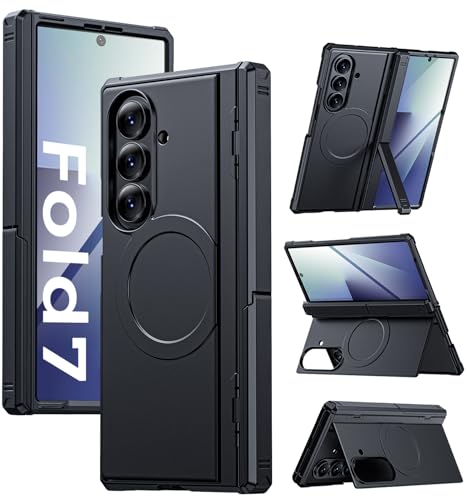 Kaiiecal for Samsung Galaxy Z-Fold-7 Case: Magnetic Shockproof Rugged [Dual-Stand] [Hinge Protection] [Fit for Magsafe] Durable Silicone Matte Armor Protective Cover for ZFold 7 5G 2025 (Black)