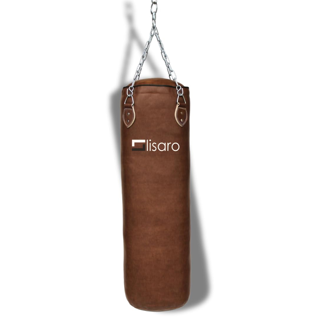 Lisaro Profi Boxsack 120/150 cm gefüllt/ungefüllt | Sandsack in Studioqualität für Boxen, Kickboxen & MMA | Kunstleder (Vinyl) | inkl. 4-Punkt Stahlkette | Braun
