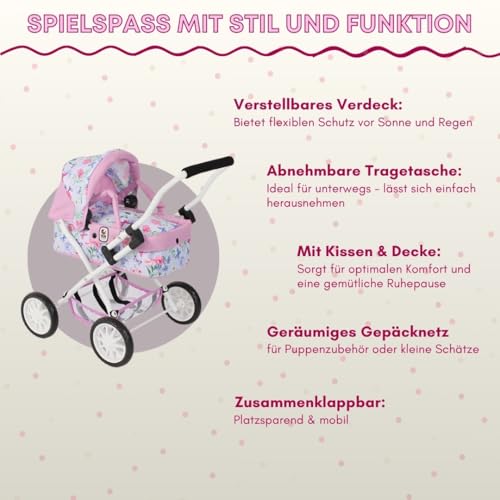 Bayer Chic 2000 Puppenwagen Smarty – Erster Puppenbuggy mit Tragetasche, Flowers, Rosa – Ansicht 6