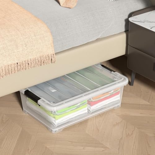 Image of Clear Heavy Duty Transparent Under Bed Bulk Storage Container with Lids, 35 Litre, Dustproof, Stackable, Clip On Lid, BPA Free, Multipurpose Bed Storage Box with Roilling Wheels (Pack of 4)