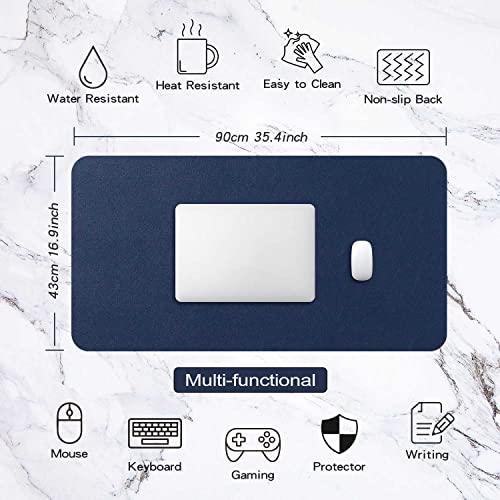 Image of Extended Mouse Pad Mat XXL Desk Pad Large Desk Mat 35.4 inch X 16.9 inch Desk Blotter Writing Pad for Laptop /Office /Home, PU Leather Waterproof +Suede Non-Slip 90 x 43cm (Dark Blue)