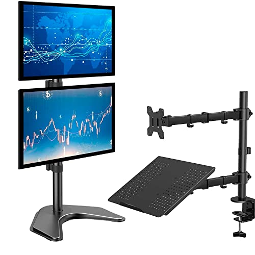 HUANUO Bundle â 2 Items: Vertical Stacked Dual Monitor Stand Desk Mount Fits Two 13 to 32inch Screen and Laptop Monitor Mount Stand with Keyboard Tray for 13 to 27 Inch