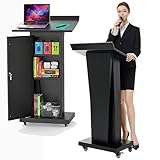 MOOFI Mobile Podium Stand with Wheels, Heavy Duty Rolling Lectern with Lockable Casters, Black Metal Pulpit with Storage Cabinet for Church, Classroom, Office & Conference Presentations