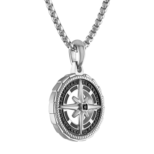 Bulova Jewelry Men's Marine Star Stainless Steel with Black Diamonds Compass Pendant, Stainless Steel Rounded Box Link Chain,Length 24"-26", Style: BVP1061-SBSTAA2