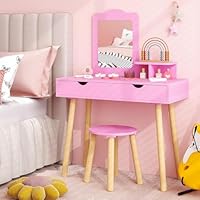 COSTWAY Kids Vanity Table and Stool Set, 2-in-1 Princess Makeup Dressing Tables with Mirror, Drawers & Storage Shelf, Wooden Children Study Desk for Toddlers