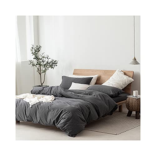 Image of F.Y.Dreams 100% Washed Cotton Duvet Cover for Weighted Blanket 60x80 inches with 16 Ties, Zipper on Long Side /Gray Grid /Just Duvet Cover