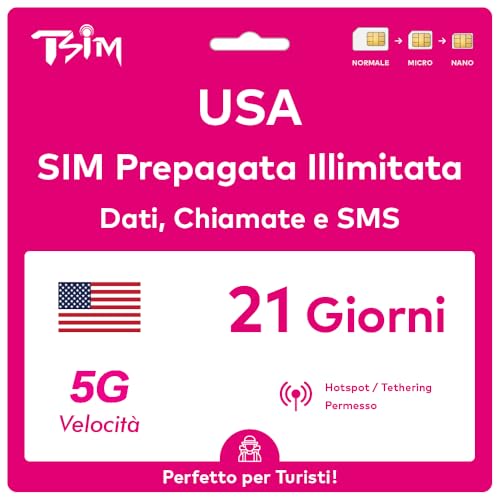 Scheda SIM USA valida per 21 giorni. Rete T-Mobile con dati illimitati ad alta velocità su 5G/4G/LTE | Chiamate e SMS locali illimitati negli Stati Uniti (inclusa Hawaii). Scheda SIM 5G!