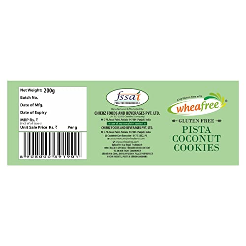 Image of Wheafree Gluten Free Pista Coconut Cookies - Pack of 2 (200g each) No Maida | Best Tea Time Snacks | 100% Vegetarian and Wholesome Ingredients