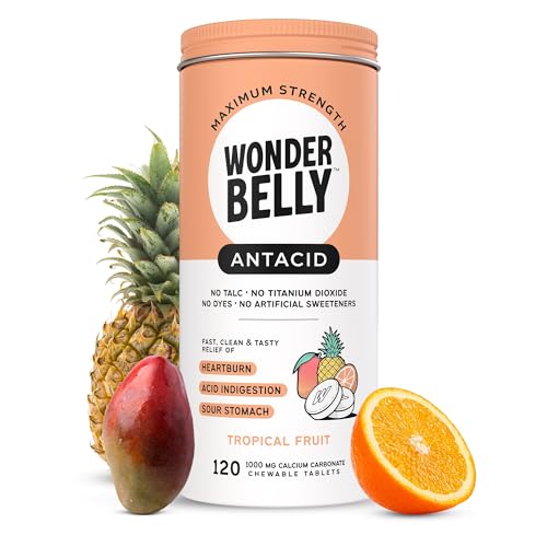 Wonderbelly Antacid, Effective Heartburn and Instant Acid Indigestion Relief, Extra Strength Chewable Tablets, 1000 mg Calcium Carbonate, No Talc or Dye,...