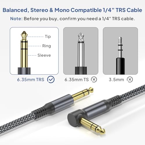 Elebase 1/4 Quarter Inch TRS Instrument Cable 10ft 2-Pack,Right-Angled to Straight 6.35mm Guitar Bass AMP Cord,6.3mm Male Stereo Audio Line for Electric Guitar,Bass,Keyboard,Mixer,Amplifier,Speaker