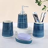 💙【Praktische Bad Zubehör】Die soap dispenser mit bequemem Pumpkopf. Geeignet für die meisten Arten von Lotionen. Toothbrush holder haben genug Platz, um mehrere Zahnbürsten und Zahnpasta zu platzieren. Seifenspender blau kann verschiedene Arten von Seife, Bürsten und Schwamm platzieren. Der zahnputzbecher keramik kann auch verwendet werden, um Gegenstände wie Make-up-Pinsel, Wattestäbchen und Zahnseide aufzubewahren.