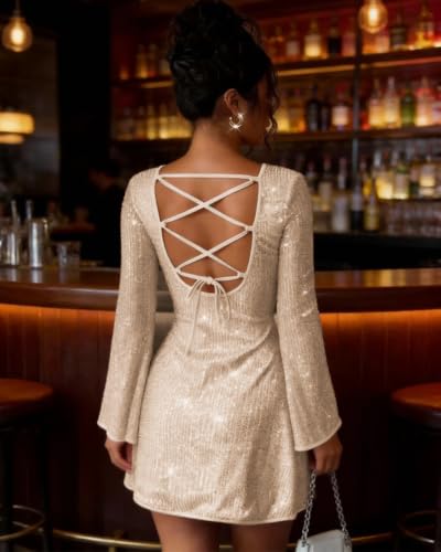 Image of Women Sparkle Sequins Mini Dress Sexy Tie Back Bodycon Dress Long Sleeve Shiny Evening Dresses Night Out Party Outfits