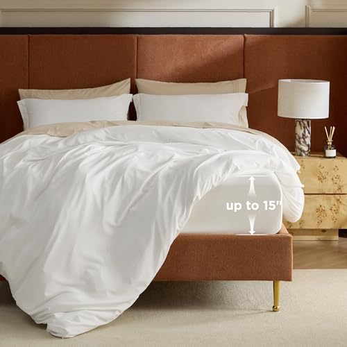 Image of Bedsure Duvet Cover with Fitted Sheet Full - Deep Pocket, Hotel Luxury Soft Double Brushed Bedding Set with Zipper Closure, Includes 1 Duvet Cover, 1 Fitted Sheet, 2 Pillow Shams, NO Comforter, White