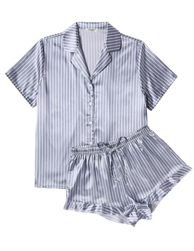 Image of Ekouaer Womens Satin Pajamas Set Button Down 2 Piece Silk Pjs Shorts Set Ruffle Lingerie Notch Collar Sleepwear