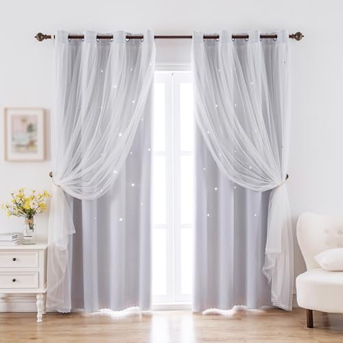 Image of indistar Star Cutout Kids Window Blackout Curtains for Girl Bedroom Window Room Darkening Curtains & Drapes Baby Nursery Curtains (2 Panel,52Wx63L inch,Greyish White)