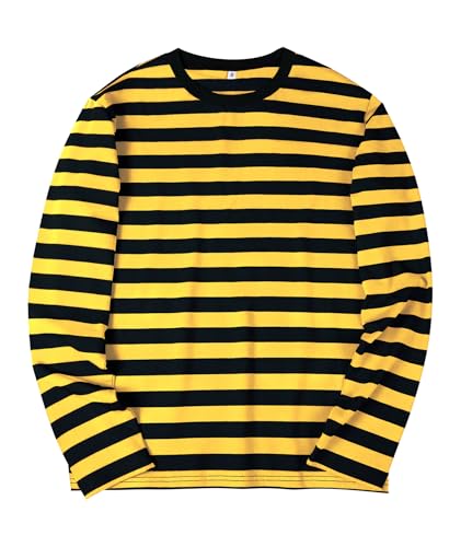 Image of KESIHAN Mens Striped Long Sleeve Shirt Crewneck Casual T-Shirt Basic Stripe Cotton Spandex tee Shirt