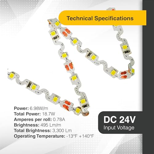 Image of LED Lighting 24V 16.4ft UL Listed Cool White 2835 SMD Zig-Zag LED Strip Lights Dimmable 660lm /m 6.2W /m 300 LEDs 60 LEDs /m IP33 Non-Waterproof. S Shape Angle Turning Capable (Cool White)