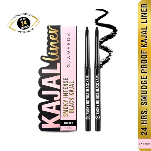 Image of GLAMVEDA Pencil Smoky Intense Black Kajal - 0.35g | 24-Hour Long Stay One-Stroke Smooth Application Waterproof, Smudgeproof & Sweatproof| Rich Pigment | Suitable for Sensitive Eye (Pack of 2)