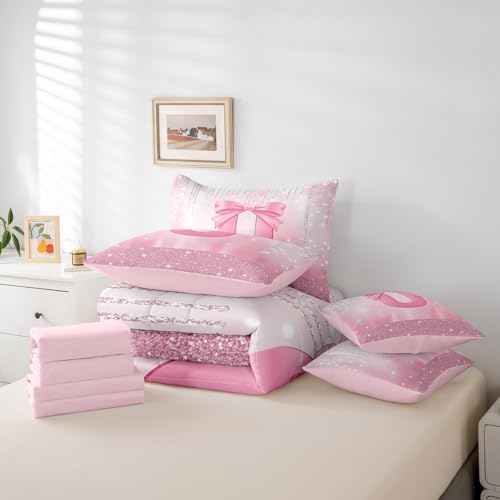 Image of Feelyou Boys Girls Pink Bowknot 7 Pieces Bedding Set Twin Size, Personalized Initial U Comforter Set with Sheets Princess Glitter Bed in A Bag Kids Bow Monogrammed Teens Bed Set Bedroom Decor 7Pcs