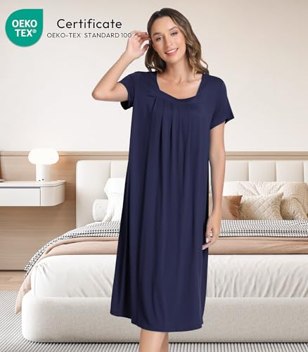 Image of NACHILA Bamboo Viscose Nightgowns for Women Cooling Short Sleeve Sleepshirt | Tagless design, Stretchy nightshirt, Anti-pilling, Shrink-resistant, Lightweight moisture-wicking sleepwear for night sweats