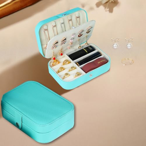 Estojo de joias grande azul claro para viagem, estojo de armazenamento portátil para anéis, brincos, colar e pulseira