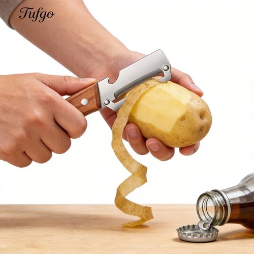 2 Pack 2 in 1 Multi Functional Vegetable Peeler with Bottle Opener and Wooden Handle Stainless Steel Blade Kitchen Tool for Sugar Cane Potato Fruit Pineapple Pumpkin Papaya Carrot Veggie Peeler #2