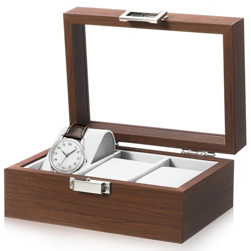 Amosfun Scatola Porta Orologi in Legno Noce con 3 Scomparti Porta Orologi da Tavolo con Velluto Interno e Gioielli Organizer Elegante per Collezioni Uomo