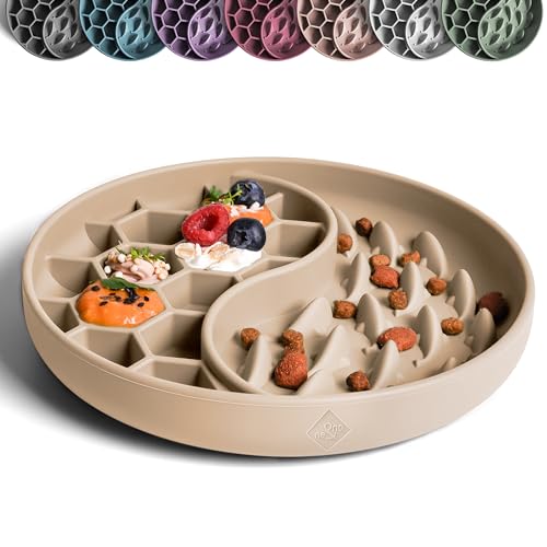 ne&no® Anti Schling Napf für Hunde und Katzen I Slow Feeder I Leckmatte Hund mit großem Saugnapf I Schleckmatte Katze für Nassfutter und Trockenfutter (Taupe)