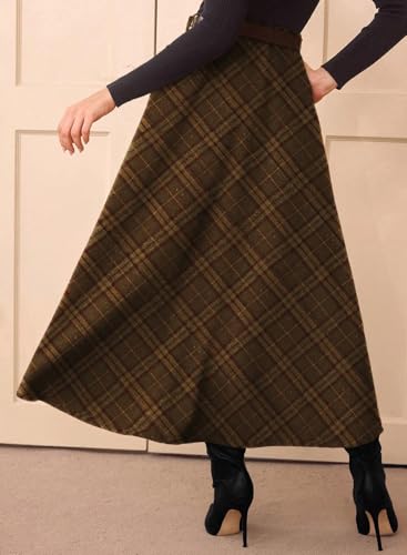 Pink Queen Maxi Tartan Skirts for Women 2026 with Pockets Fall Winter Midi Length Work Office Going Out A Line Flared Plaid Skirts for Womens High Waist Pleated Belt Loop Long Dress Brown XL