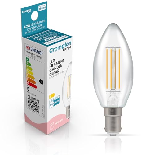Image of Crompton Lamps Filament Candle LED Light Bulb SBC-B15d | 4.2W = 40W Equivalent | Warm White 2700K | Energy Efficient | Small Bayonet Lightbulb | Long Life 15000-Hrs | Clear Glass