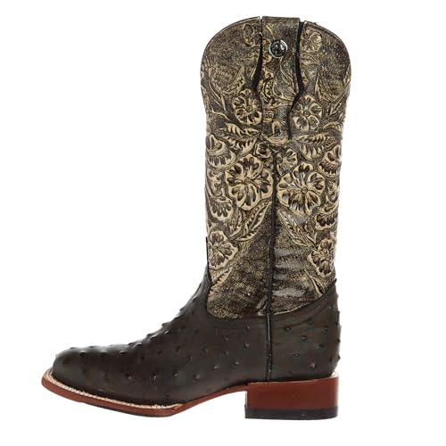 Womens Brown Ostrich Print With 12In Black Tooled Top Cowgirl Boots2