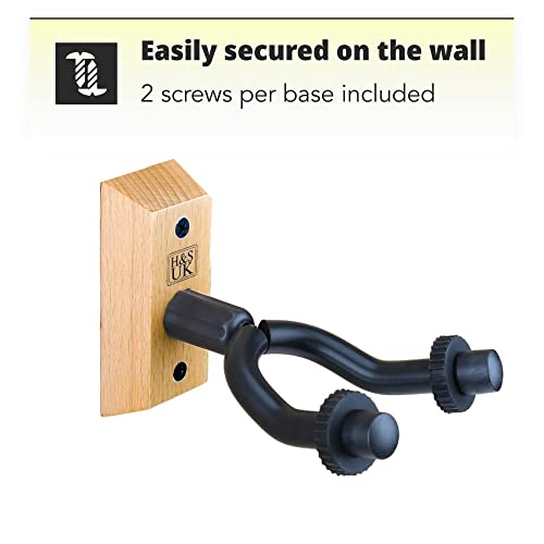 H&S Wall Mount Guitar Holder Hooks With Wood Base - Pack Of 2 Wall Hangers For Bass, Electric, & Acoustic Guitars - Wall Mounted Guitar Hanger Stand With Rubber Handles #TOP3