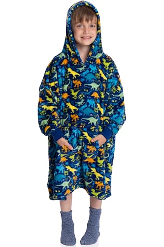 Mad Dog Kids Blanket Hoodie - Wearable Blankets with Cozy Sleeves, Soft Fleece & Sherpa Designs, for Boys & Girls, Ages 4-13, Dinosaurs, 4-7 Years