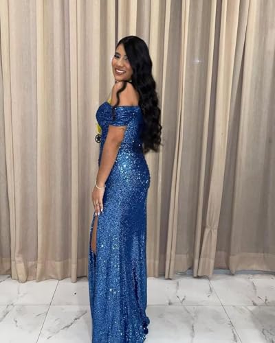 Off Shoulder Sequin Long Prom Dresses for Women with Slit Spaghetti Straps Mermaid Formal Evening Gowns WO0614