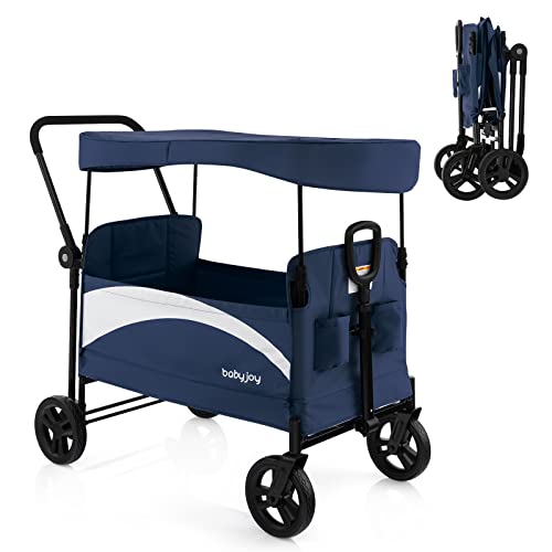 BABY JOY Collapsible Wagon Stroller for 2 Kids & Cargo, Push Pull Double Stroller with Adjustable Handle Bar, Removable Canopy, Safety Harness, All Terrain Wheels, Foot Brake, Storage Pockets (Navy)