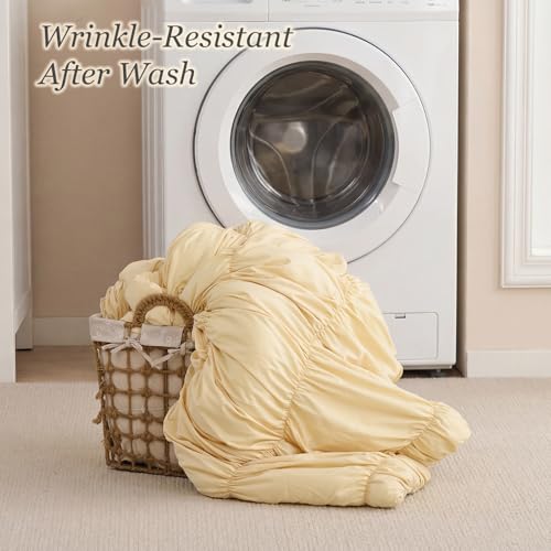 Image of weigelia Cinched Comforter Set Queen - Soft Ruched Bedding Set, 3PCS Light Yellow All-Season Fluffy Lightweight Comforter with Pillowcases for Bedroom, Apartment & Dorm Decor