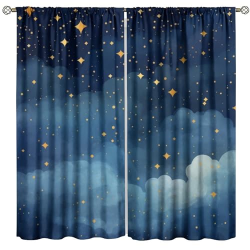 Image of Stars Clouds Curtains, Watercolor Gold Shining Constellations Night Sky Pattern for Room Window Decor, Rod Pocket Print Blackout Drapes for Living Room Bedroom Kitchen 2 Panel Set 21"W X 45"L