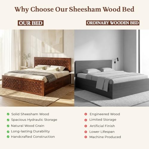Image of WOODLAB Furniture Solid Sheesham Wood Niwar Queen Size Bed with Hydraulic Storage Wooden Double Bed Furniture Palang for Bedroom Living Room Home (Honey Finish)