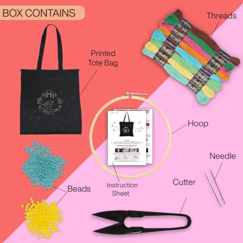 Image of picknMAKE Bag Tote Size Big, Girls College, use Office Women for Bags Tote Embroidery Stylish & Aesthetic DIY with Zip and Pocket Secured Inside Bag (Included Material All)