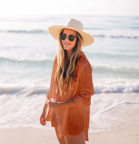 Image of Zoye Chen Women's Bikini Swimsuit Cover Up Button Down V Neck Shirts Long Sleeve Blouse Beachwear Bathing Suit