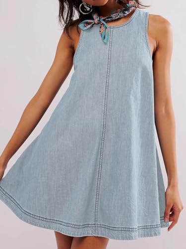 Image of utcoco Women's 2026 Summer Sleeveless Denim Mini Dress Back Cut Out A Line Swing Jean Tank Dress
