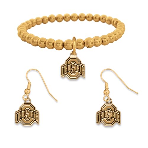 Jenkins Enterprises Ohio State Buckeyes Jewelry Set Gold Tone Bracelet & Earrings Lightweight Team Logo Jewelry Official NCAA Licensed Ohio Gift Set for Women & Fans