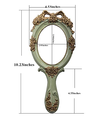 Nerien Handheld Mirror Vanity Makeup Mirror Travel Princess Metal Cosmetic Mirror Portable Oval Embossed Rose Mirrors Decorative Desk Girl Student Vintage Beautiful Handle Mirrors Green #TOP1