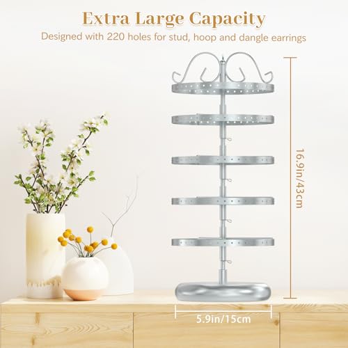 Image of Modowey Rotating Earring Holder Organizer Stand, 5 Tier Metal Tree Display for Women Vendors, 220 Hole Adjustable Jewelry rack for Stud Hoop Dangle Storage, Trendy Carousel Keeps Dresser Neat, Silvery