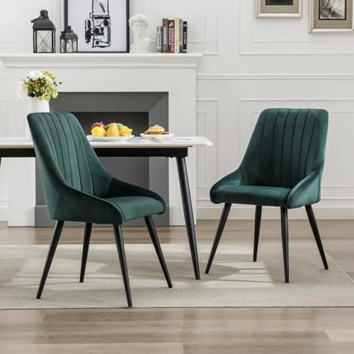 Image of Finch Fox Morris Velvet Dining Chair for Living Room, Bedroom, Home Office with Black Metal Legs in Dark Green Color