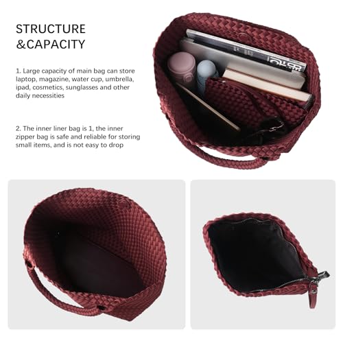 Image of Woven Bag for Women, Large Neoprene Tote Bag Summer Beach Handbag Purse Retro Handmade Travel Shoulder Bag Set