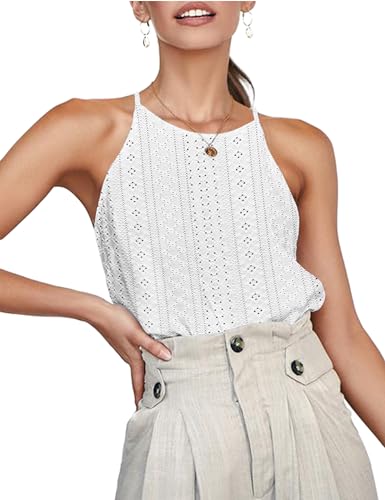 LouKeith Womens Tank Tops Eyelet Sleeveless Spaghetti Strap Halter Tops Loose Casual Summer Camisoles Shirts White XS