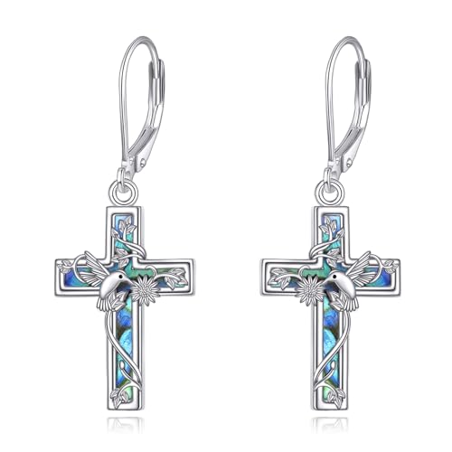 YFN Pendientes de cruz de colibrí de plata de ley con concha de abulón, aretes colgantes de gota para mujer